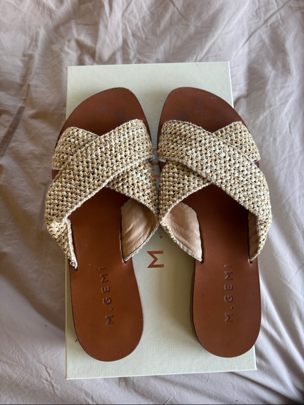 M.Gemi Natural Woven Crossband Slide Sandals